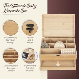 THE CONSCIOUS MOM Bamboo Baby Keepsake Box Set 5 Accessories Included - Wooden Baby Memory Box with Drawer, Removable Dividers, Lock & Hinges - Eco-Friendly Keepsake Storage Box for Babies & Pets