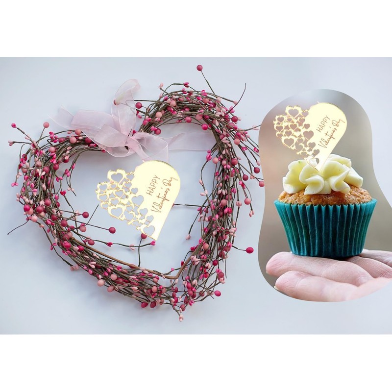 6x Valentine's Day Acrylic Cupcake Toppers Heart shaped Tags Valentines
