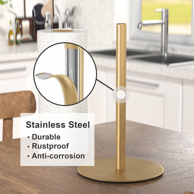 Gold Paper Towel Holder Countertop, Free-Standing Kitchen Roll Holder, Stainless