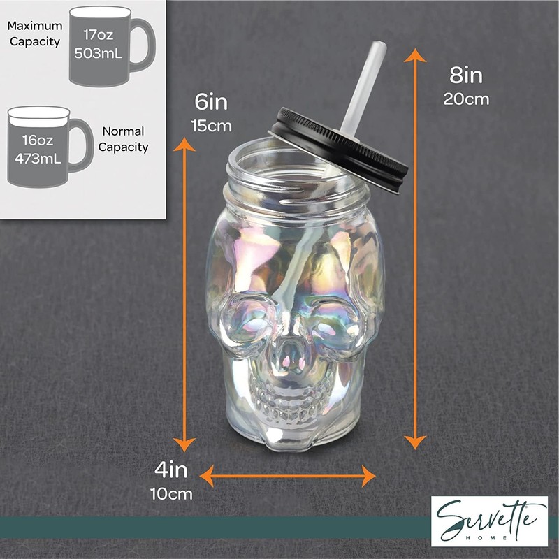 Servette Home 4 Pack Iridescent Skull Shaped Mason Jar with