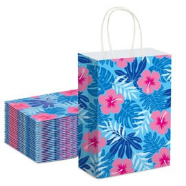 Kolldenn 24 Pcs Cute Cartoon Blue Pink Hibiscus Party Gift Bags Hawaiian Party Favors Paper Goodie Candy Bags with Handles for Hawaiian Tropical Birthday Baby Shower Supplies(Bright)