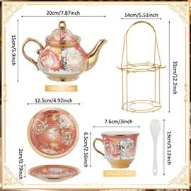 Zhehao 20 Pcs Porcelain Tea Set with Metal Holder Adult Ceramic Tea Party Set European Flower Tea Cup Saucer Set for Adult Women with Flower Painting, Large Version(Noble Style)