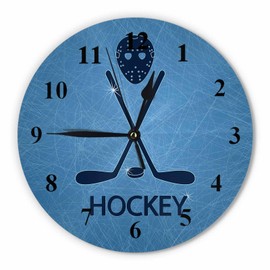 Orythyra Ice Rink Wall Clock Round 10 Inch Battery Operated Hockey Mask Sticks Puck Blue Black Sports Frameless Silent Wooden Clocks Art Decorative Living Room Classroom Bedroom Office