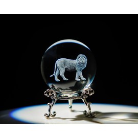 HDCRYSTALGIFTS 3D Laser Etched Lion Crystal Ball Paperweight with Stand 60mm Crystal Animals Figurines Art Glass Lion King Decorative Ball Sphere Home Office Decorations Gift