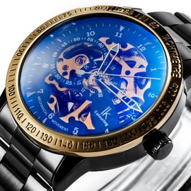 Alienwork IK Automatic Watch Men Women Skeleton Glass Base, Iris Glass/Black/Gold/Black/Gold Movement/Metal Strap Black, Bracelet