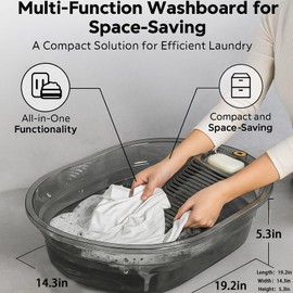 Portable Washboard & All-in-One Laundry Basin Set - Heavy-Duty Wash Board for Hand Washing Clothes | Built-in Scrub Surface, Drain Plug for Camping, RV, Emergency Use (Transparent Gray, 19 in)