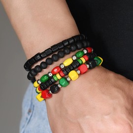 MMIUAEG Black History Month Stackable Bracelets Set Juneteenth Accessory African Wooden Beads Stretchable Bracelets Black Yellow Red Green African Jewelry for Women (Set L)