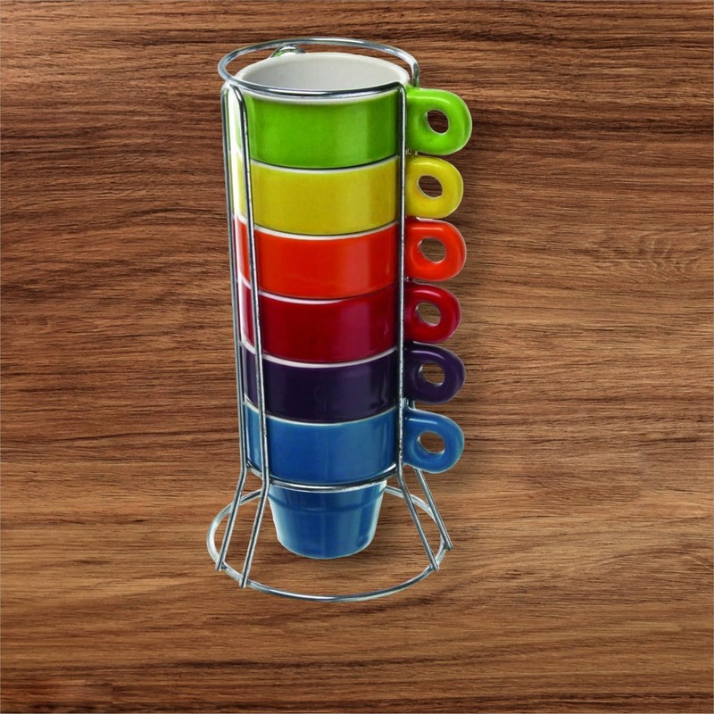 Quailitas Stackable Set of 6 Colourful Ceramic Espresso Mugs
