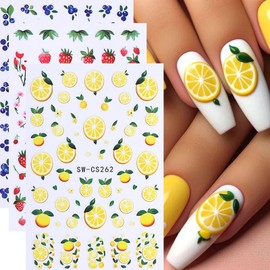 Summer Nail Art Stickers 3D Self-Adhesive Nail Decals Lemon Strawberry Blueberry Stickers for Nails Designs Cute Fruit Manicure Supplies for Women DIY Nail Art Decorations, 5 Sheets