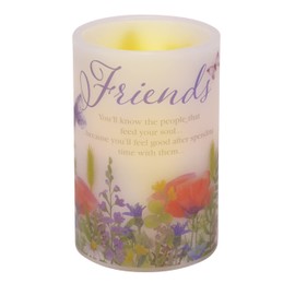 Mark Feldstein & Associates Inspirational Friends Quote Floral LED Flameless Pillar Candle, 4 x 6 Inch