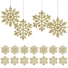 12Pcs Christmas Snowflake Ornaments, 10cm Gold Glitter Plastic Snowflakes for Christmas Tree, Winter Wonderland Decorations, Hanging Snowflake Decorations with Rope for Holiday Party Decor