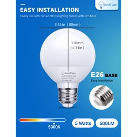 JandCase G25 LED Vanity Light Bulbs, Dimmable Globe Light Bulbs, Round Light Bulbs, 5W(60W Equivalent), E26 Base, CRI 80, Daylight White 5000K, 500LM, UL Listed, 12 Pack