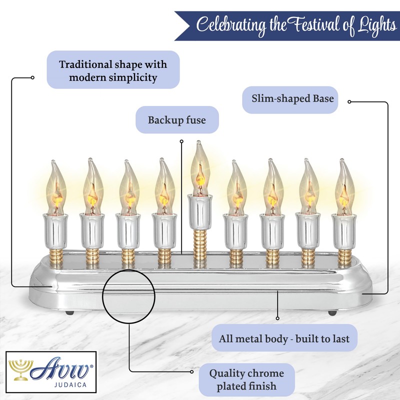 Aviv Judaica Contemporary Electric Hanukkah Menorah Stainless Steel Hanukkiah with