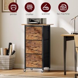 MAHANCRIS 3 Drawer File Cabinet, Vertical Filing Cabinet with Wheels, Printer Stand with File Cabinet, Adjustable Hanging Rods, fits A4/Letter Size, for Home Office, Rustic Brown and Black FCHR5901