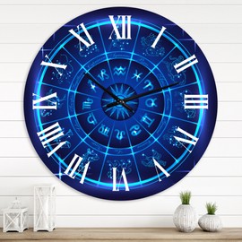 Designart 'Neon Deep Blue Horoscope Circle With Zodiac Signs' Modern wall clock - 36 in. high, 36 In. Wide