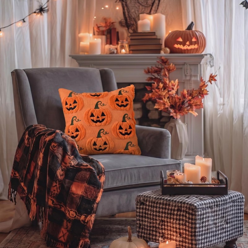 Halloween Throw Pillow Covers 18x18 Set of 2 Orange Pumpkin