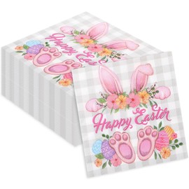 Honoson 100 Pcs Easter Paper Cocktail Napkins Bunny Disposable Rabbit Floral Luncheon Dinner Beverage Napkins for Spring Easter Party Supplies Favors Birthday Table Decoration