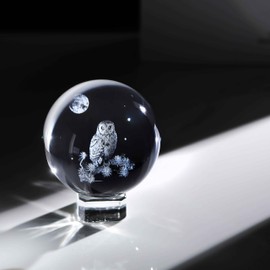 6 cm Crystal Ball Engraved 3D Owl Figurines Paperweights with Stand, Glass Owl Collectible Sphere Ornaments Gifts for Women Men Friend
