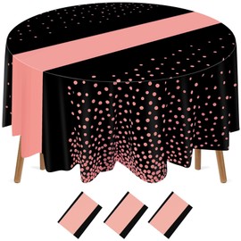 Newwiee 3 Pcs 84 Inch Polka Dot Round Disposable Tablecloths Plastic Table Cover Plastic Table Cloth with Runner Printed for 2025 Graduation Birthday Party Wedding Prom (Black,Rose Gold)