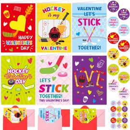 Fancy Land Hockey Themed Valentines Day Cards Let’s Stick Together Valentine Greeting Card with Envelopes for Kids School Classroom Exchange Supplies Sports Party Favors 12Pcs