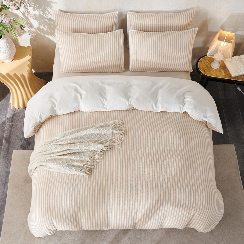 BUPIRD Queen Size Comforter Set Beige Striped 100% Soft Washed