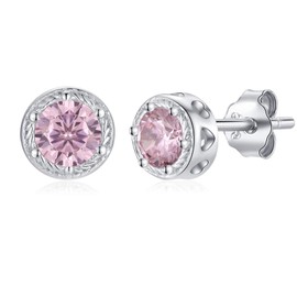 Qings 12 Birthstone Earrings Women's Birthstone Stud Earrings Gemstone Silver 925 Small Round Cubic Zirconia Stud Earrings with Birthstone Birthday Mother's Day Gift for Mum Women, No metal type., October - Pink Tourmaline