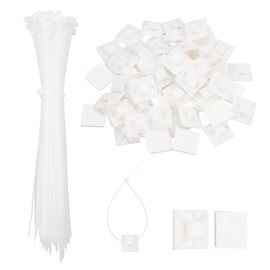 MECCANIXITY 100Set Cable Tie Zip Self Adhesive Mounts Set 6 Inch Nylon Cable Tie Mount Base Holders with Sticky Pads for Home, Office, Garden, Workshop, White