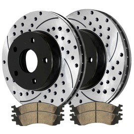 AutoShack Front Drilled and Slotted Brake Kit Rotors Black and Ceramic Pads Pair of 2 Driver and Passenger Side Replacement for 2010 2011 2012 Ford Taurus 3.5L V6 AWD BRKPKG943