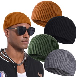 PHILIGHTS 4PCS Swag Wool Short Fisherman Beanie for Men Women, Knit Cuff Warm Winter Hats, Soft Trawler Skull Cap Watch Hat Unisex
