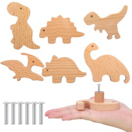 Wooden Animal Cabinet Knobs Decorative Wood Dresser Knobs with Screws Dresser Pulls Wood Marine Woodland Animals Knobs Furniture Knobs Nursery Drawer Handles for Decor (Dinosaur,6 Sets)