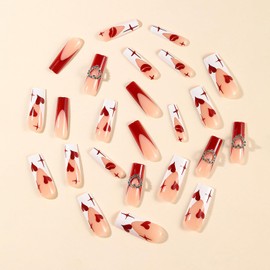 FIEONCIY Press on Nails Long Coffin Shaped Acrylic Glossy Full Cover Long Square French False Nails with Designs Artificial Extra Long Fake Nails with Charms Glue ons Fingernails for Women(A80108)