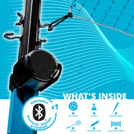 Franklin Sports Beach + Backyard Volleyball Set + Badminton Set with Speaker - Bluetooth Net + Pole Set – with Pump, Bluetooth Speakers + Carry Bag Included