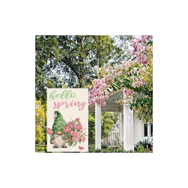 Gnome Hello Spring flowers Garden Flag 12x18 Inch Double Sided