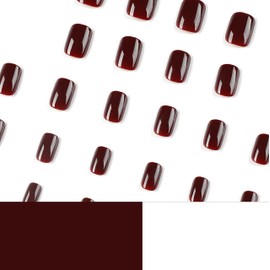 MouyouGlow Press on Nails Kurz,Squoval Dunkel Rot Einfarbige Glossy Fake Nails Kunstnägel mit Nagelkleber,Dark Red Künstliche Fingernägel …