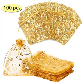 AUXIN 100 Pcs Organza Bags, 9x12cm Heart Printed Sheer Drawstring Gift Bags Gold Organza Jewelry Pouches Christmas Birthday Wedding Party Favor Bags