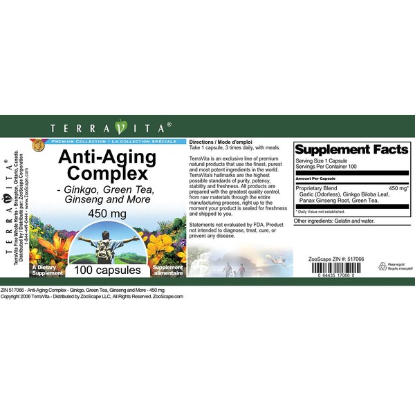 TerraVita Anti-Aging Complex - Ginkgo, Green Tea, Ginseng and More - 450 mg (100 Capsules, ZIN: 517066) - 3 Pack