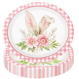 AnyDesign 50Pcs Easter Paper Plates Pink Plaid Bunny Ear Disposable Plate Decorative Floral Rabbit Oval Dinner Plates for Spring Baby Shower Wedding Party Decor, 7.8 x 9 In