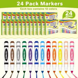Jumlys 24 Boxes Washable Markers with 12 Colors, Bulk Color Markers for School Classroom, 288 Count Broad Tip Markers for Kids, Classroom Must Haves