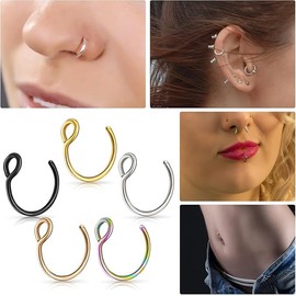5 Pcs Nose Rings Hoops Fake Nose Ring Clip On Nose Ring fake lip piercing For Women Men, Stainless Steel, no gemstone (Style1)