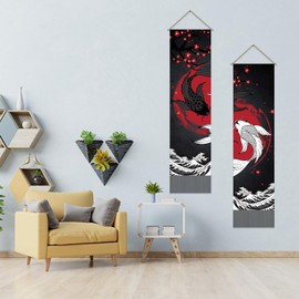 AHANDMAKER Pack of 2 Retro Yin Yang Carp Tapestries Carp Vertical Bohemian Tapestry Yin Yang Carp Tassel Tapestry Wall Hanging for Bedroom Living Room Home 13 x 51 Inches