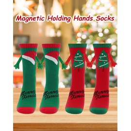 4 Pairs Christmas Funny Holding Hands Socks, Cute Magnetic Hand Holding Socks for Women Men, Crazy Holiday Socks Xmas Gifts with Christmas Print, Silly Novelty Socks for Couple, Family, Friends