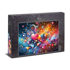 Ulmer Puzzleschmiede - Heart Puzzle Happiness" - Colourful and Colourful 1000 Piece Puzzle with Hearts and Abstract Shapes in Red, Yellow and Blue - Quality Made in Germany