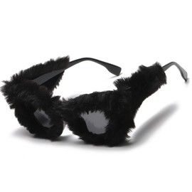 LASPOR Women Plush Fuzzy Cat Eye Sunglasses Punk Soft Velvet Shades Ladies UV400 Handmade Party Eyewear (Black)