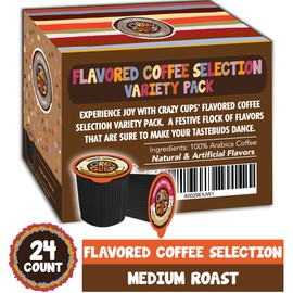 Crazy Cups Flavored Medium Roast Hot or Iced Coffee, Variety Recyclable Pods for Keurig K Cup Brewers, 24 Count