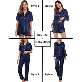 SWOMOG Women 4Pcs Silk Pajamas Set Button Down Sleepwear Loungewear Pj Sets for Ladies Nightwear Deep Navy Blue Medium