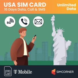 USA Travel SIM Card (5G/4G Data,16 Days) - 3-in-1 Data SIM Card - Standard, Micro & Nano SIM Card - Unlimited Calls & SMS to US, Hawaiian Mobiles & Landlines