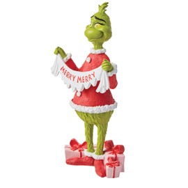 Enesco Department 56 Dr. Seuss The Grinch Holding Merry Christmas Banner Figurita, 8.875 Pulgadas, Multicolor