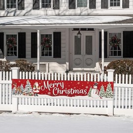 Evergreen Merry Christmas Fence Banner, 10 ft Large Christmas Banners Yard Sign, Holiday Fence Wrap Hanging Backdrop Banner, Indoor Outdoor Event party Decoration