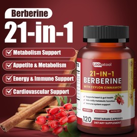 Lookatool 21-in-1 Berberine Supplement with Ceylon Cinnamon - Organic Berberine HCL Phytosome, 5X Higher Absorption for Metabolism Support 120 Capsules