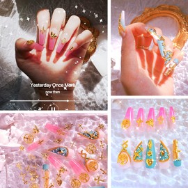 136pcs 3D Nail Charms Rhinestones for Acrylic Nail Art Metal Nail Chains Gold Cross Heart Vintage Alloy Nail Rivet Studs Tip Punk Accessories Decoration Craft DIY